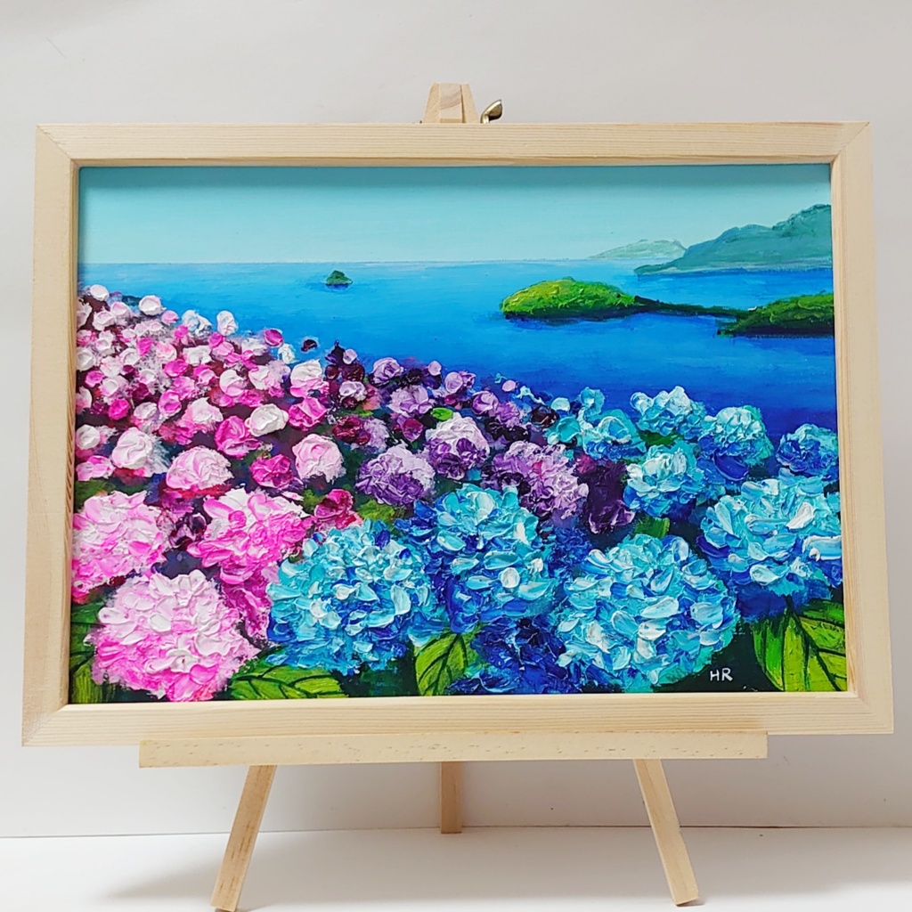 油絵 絵画 海の紫陽花畑【A4】