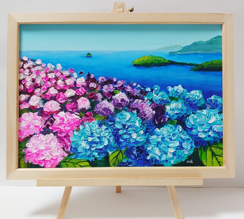 油絵 絵画 紫陽花畑の道-