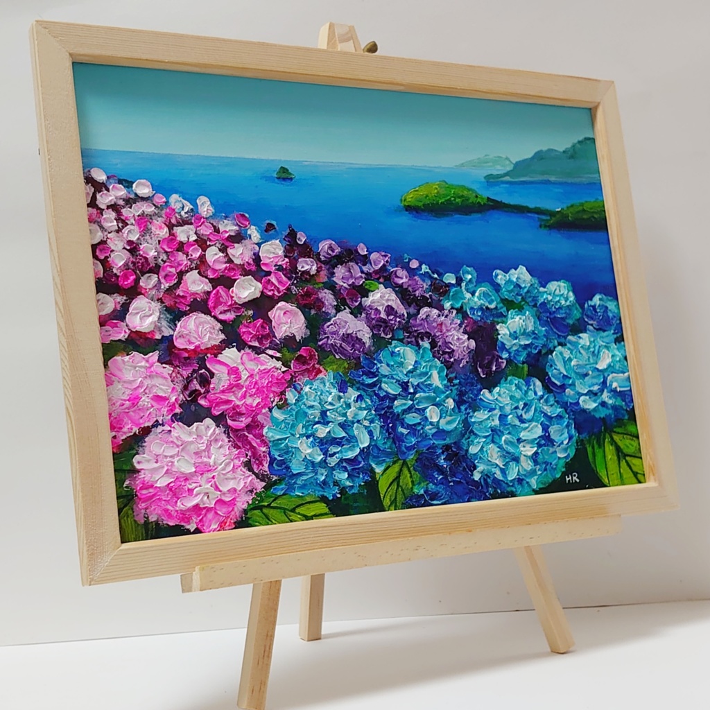 油絵 絵画 海の紫陽花畑【A4】