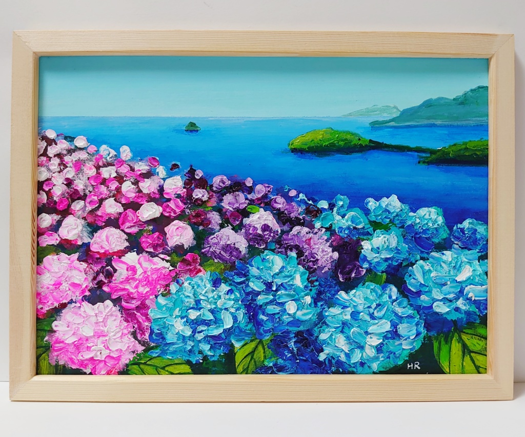 油絵 絵画 海の紫陽花畑【A4】