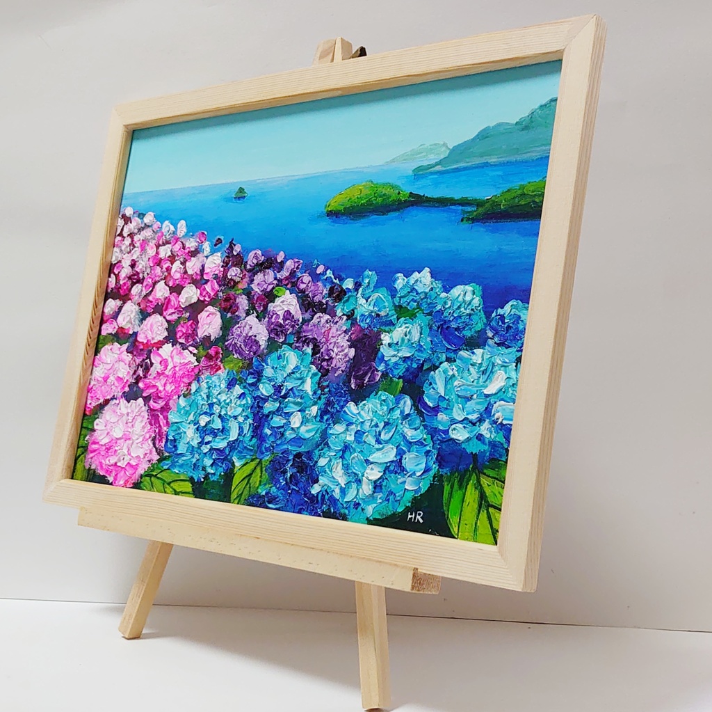 油絵 絵画 海の紫陽花畑【A4】