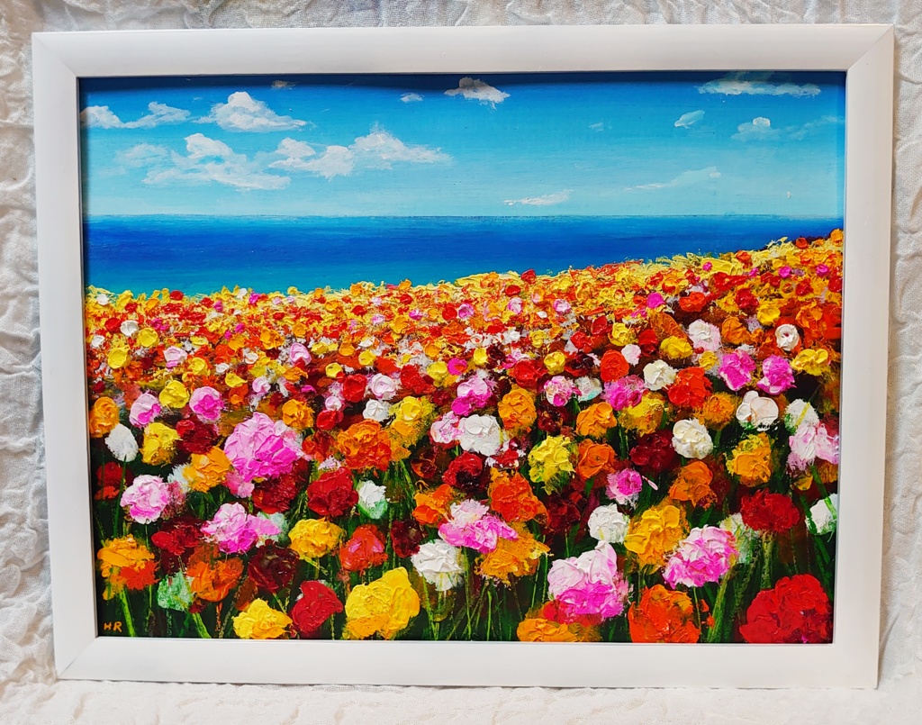 油絵 絵画 海のお花畑