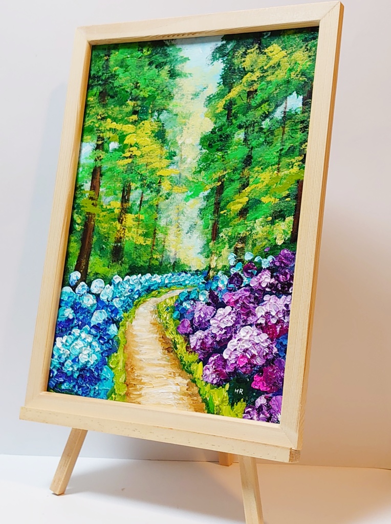 油絵 絵画【紫陽花畑の道】