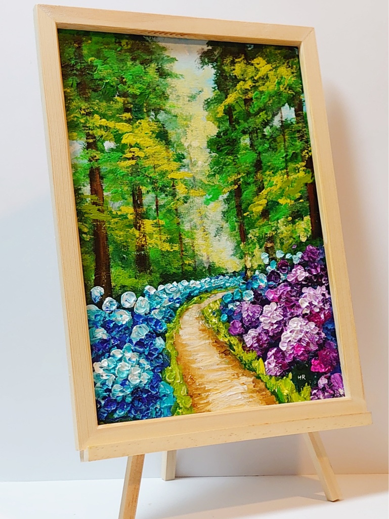油絵 絵画【紫陽花畑の道】