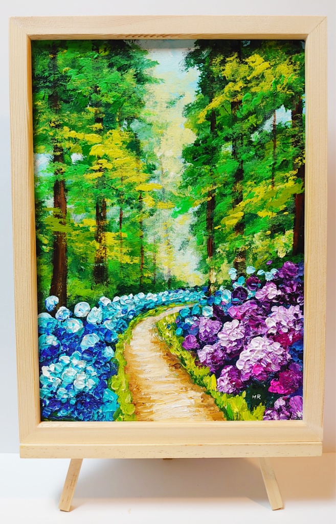 油絵 絵画【紫陽花畑の道】