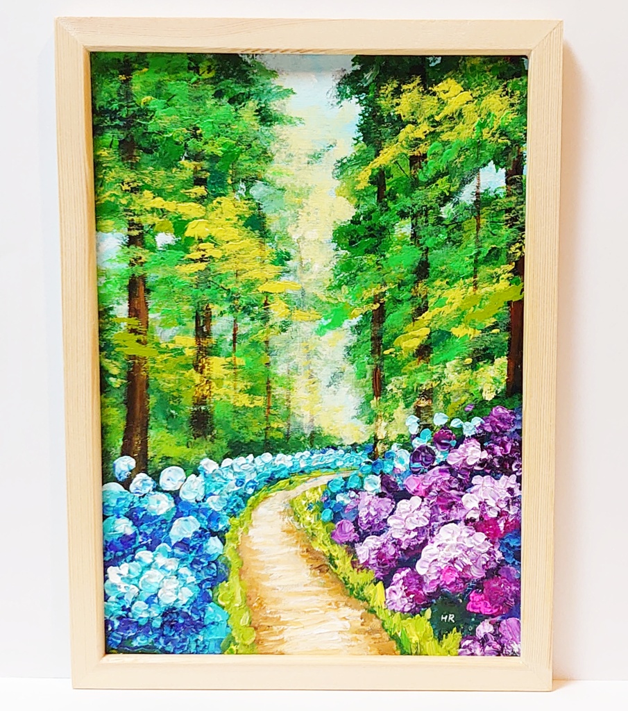 油絵 絵画【紫陽花畑の道】