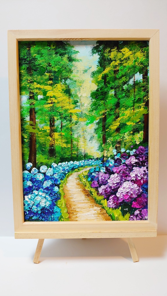 油絵 絵画【紫陽花畑の道】