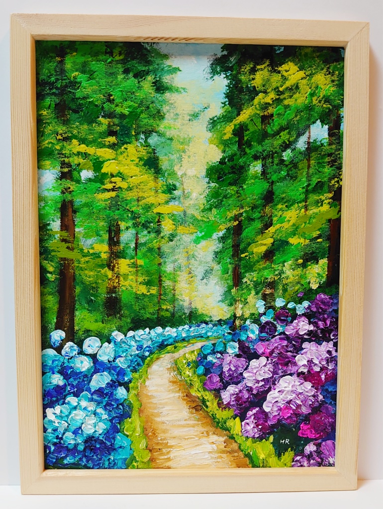 油絵 絵画【紫陽花畑の道】