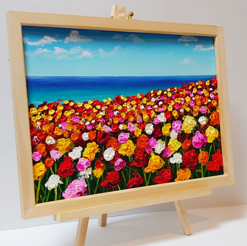 油絵 絵画 海のお花畑【A4】