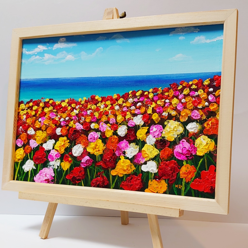 油絵 絵画 海のお花畑【A4】
