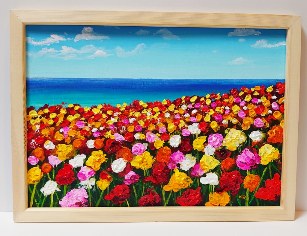 油絵 絵画 海のお花畑【A4】
