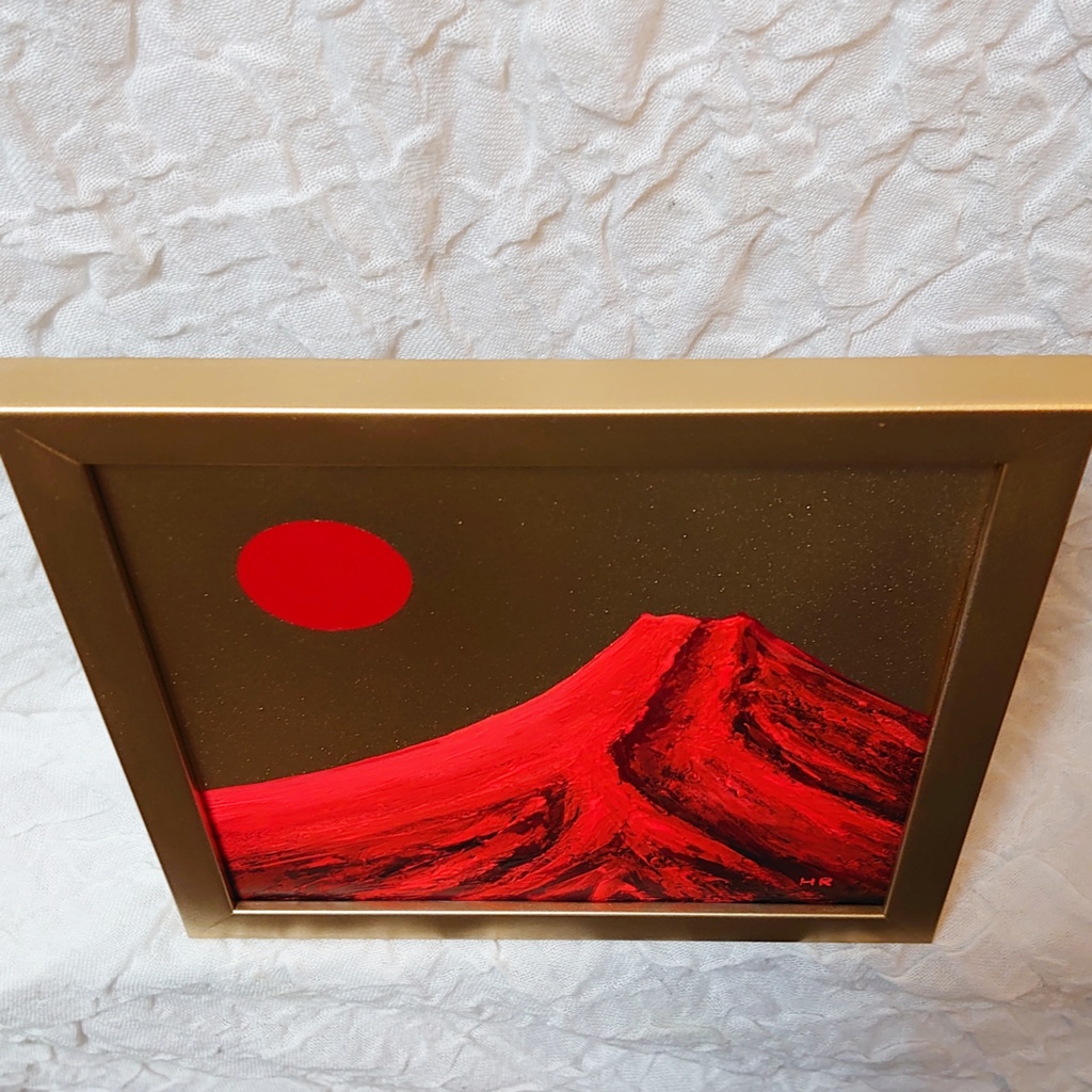 油絵 ミニ絵画【太陽と赤富士】