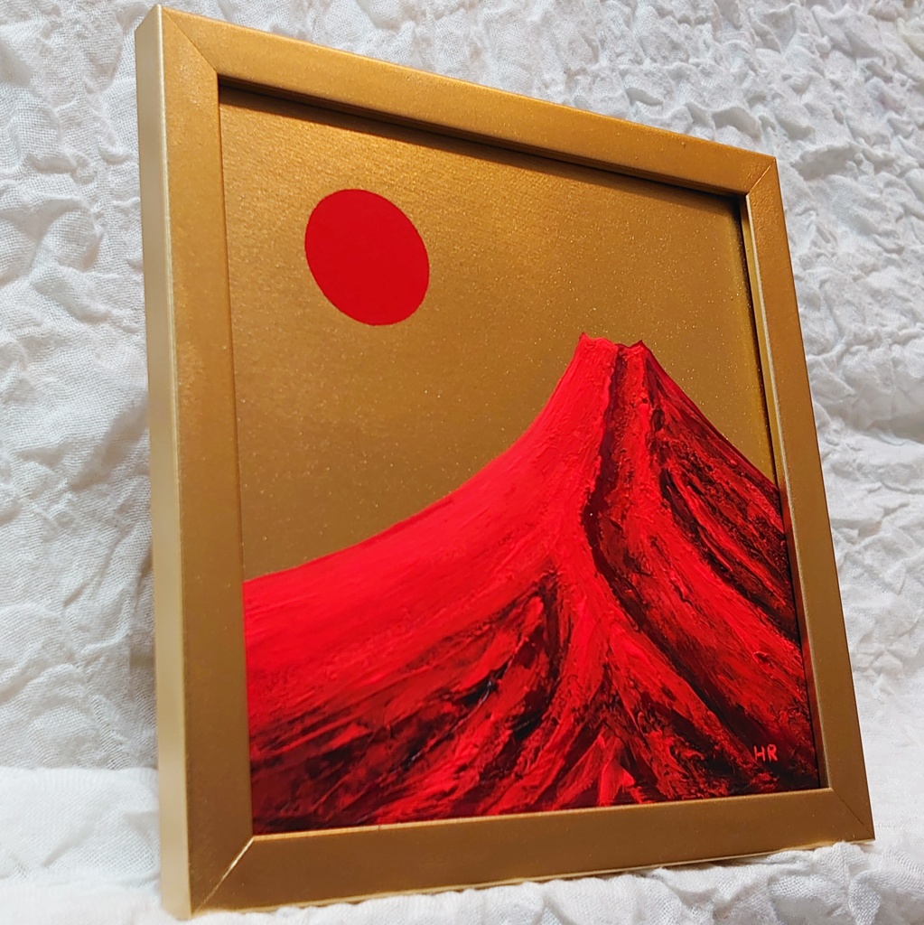 油絵 ミニ絵画【太陽と赤富士】