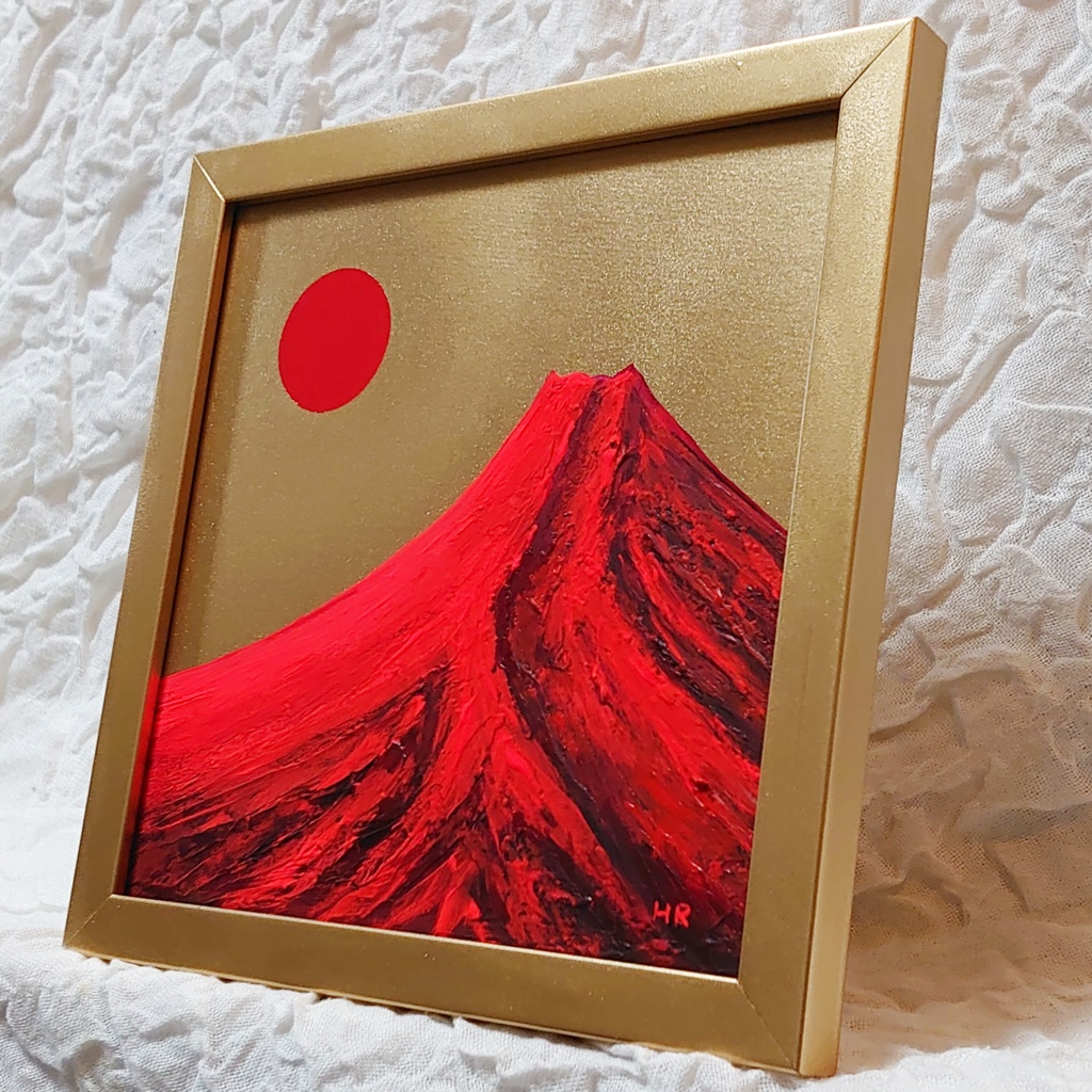 油絵 ミニ絵画【太陽と赤富士】