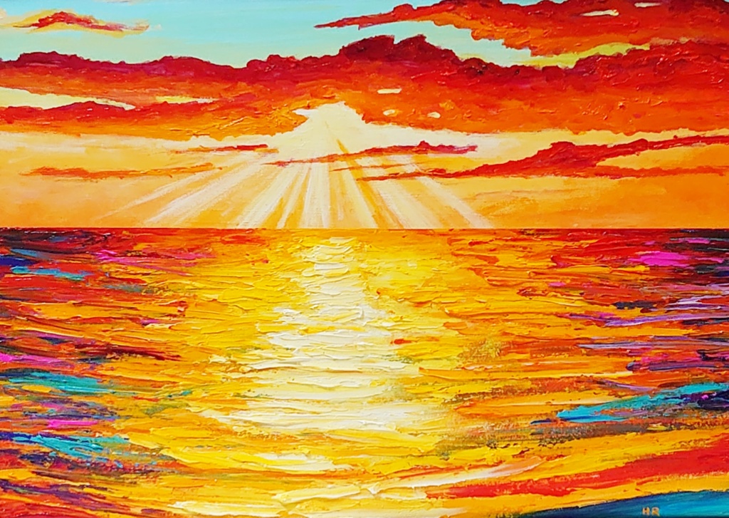 肉筆油絵(額付き)  河口湖の夕暮　　1986   汪絵約41×32cm