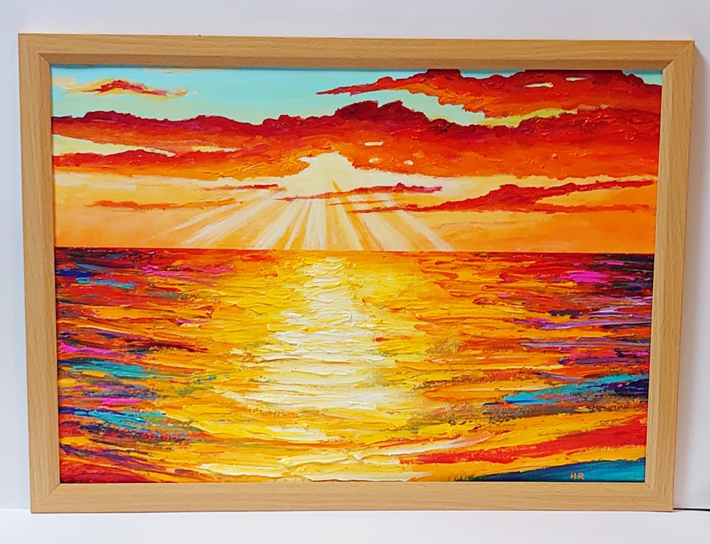 油絵 絵画 夕日の海【A3】