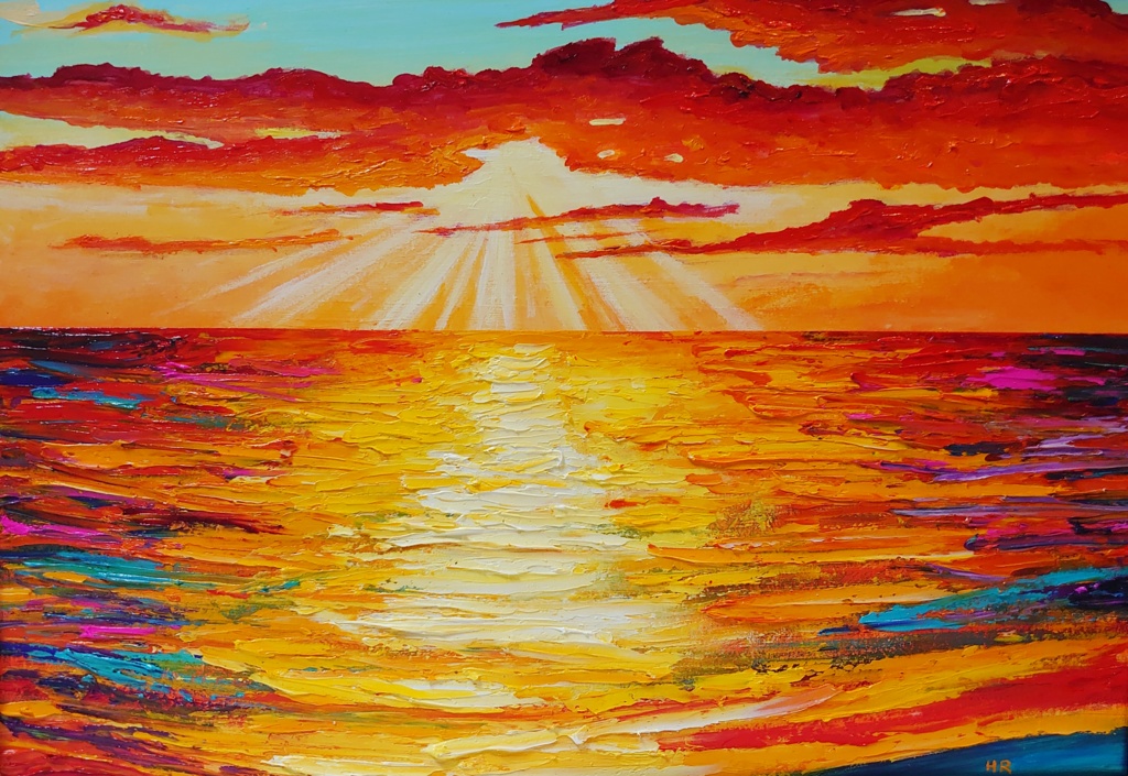 油絵 絵画 夕日の海【A3】