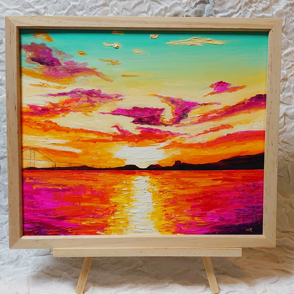 油絵 絵画 夕日の海【Ａ3】 | 油絵 原画 夕陽と船 サイズF4