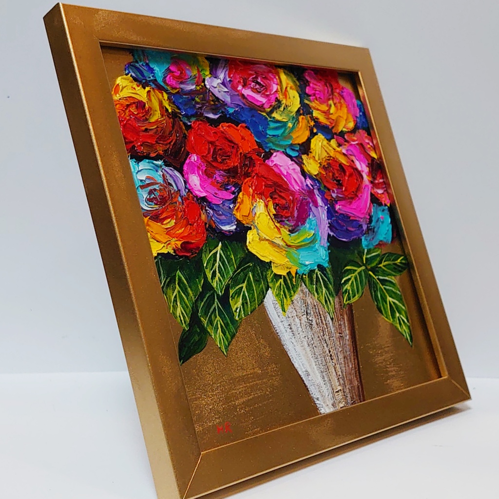 油絵 ミニ絵画【レインボーローズ】