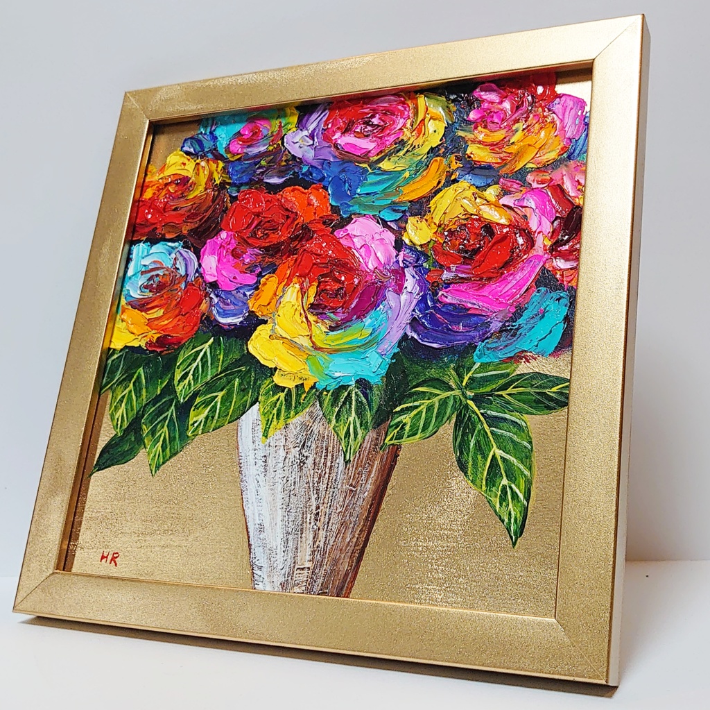 油絵 ミニ絵画【レインボーローズ】