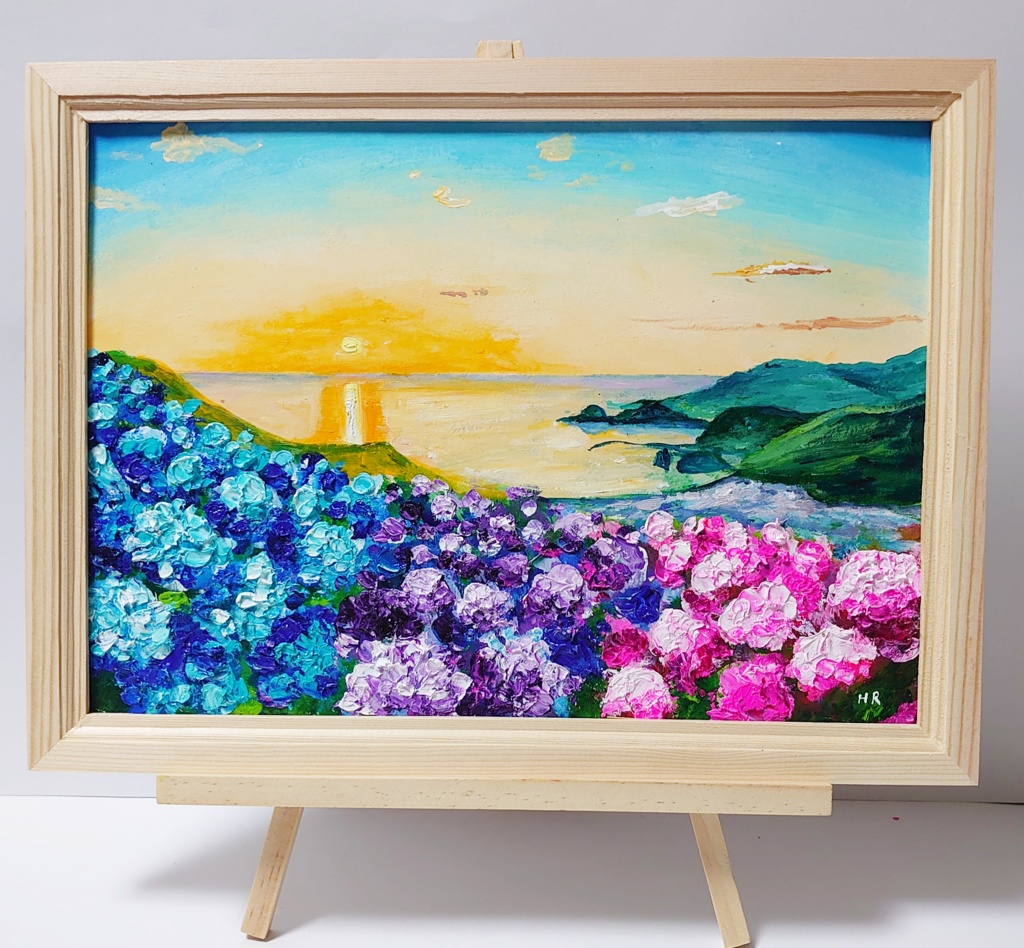 油絵 絵画 【あじさいの丘と夕陽】