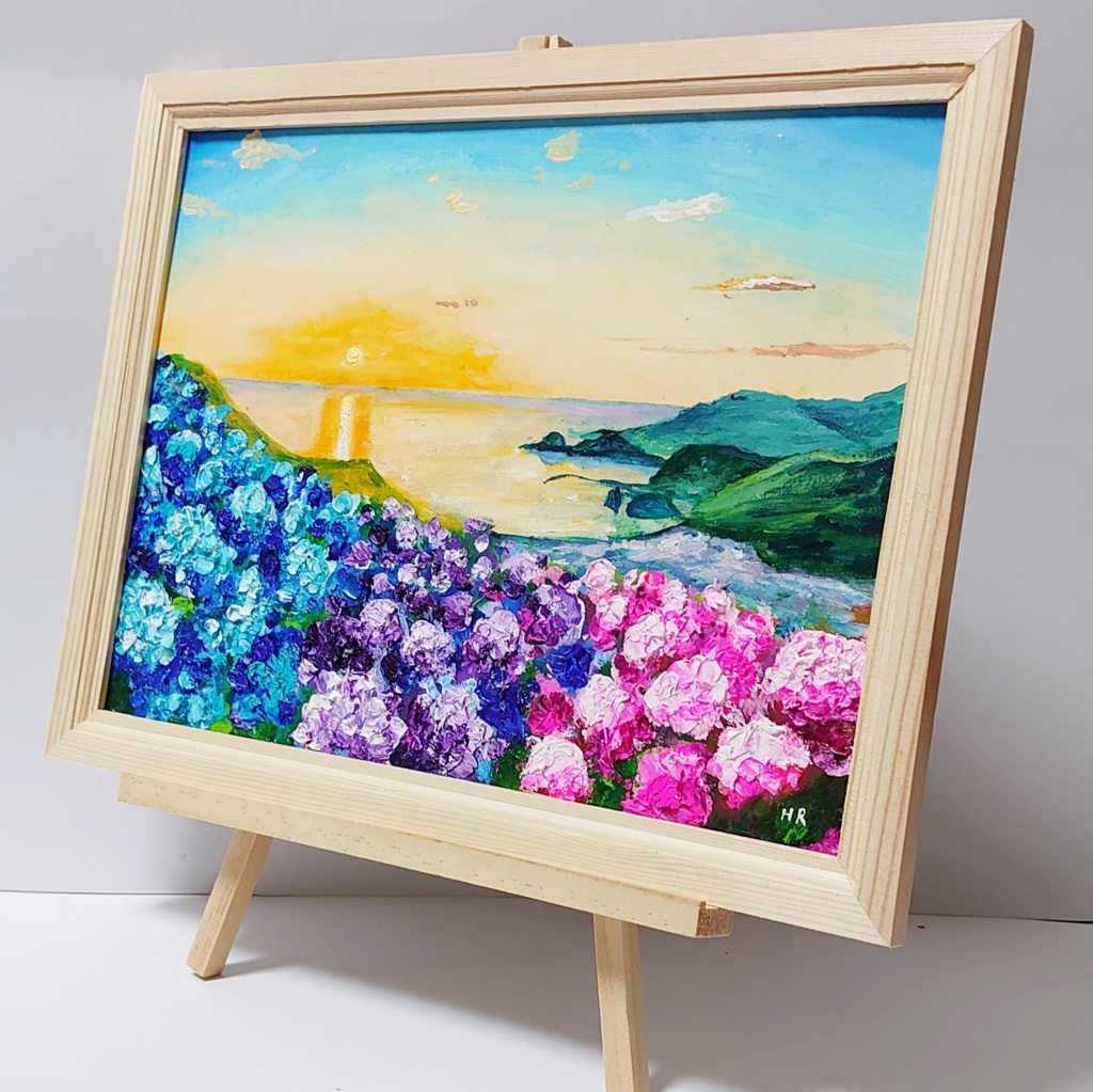 油絵 絵画 【あじさいの丘と夕陽】