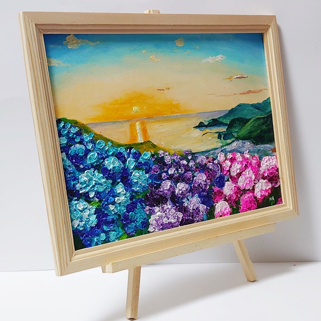 油絵 絵画 【あじさいの丘と夕陽】