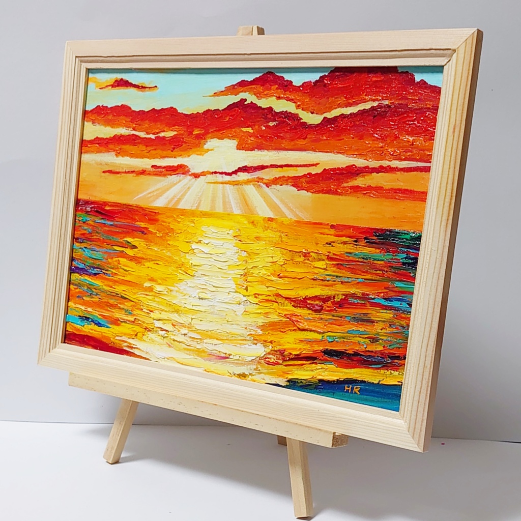 油絵 絵画 夕日の海【A4】