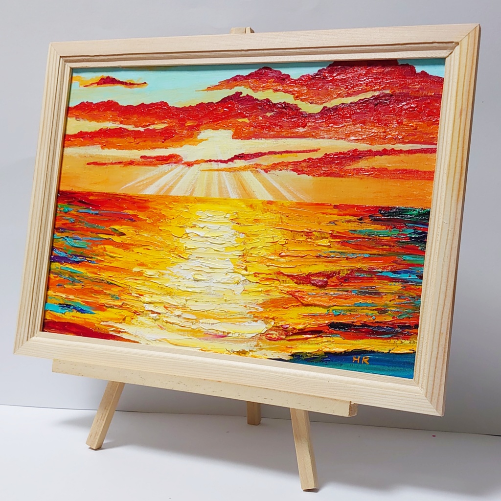油絵 絵画 夕日の海【A4】