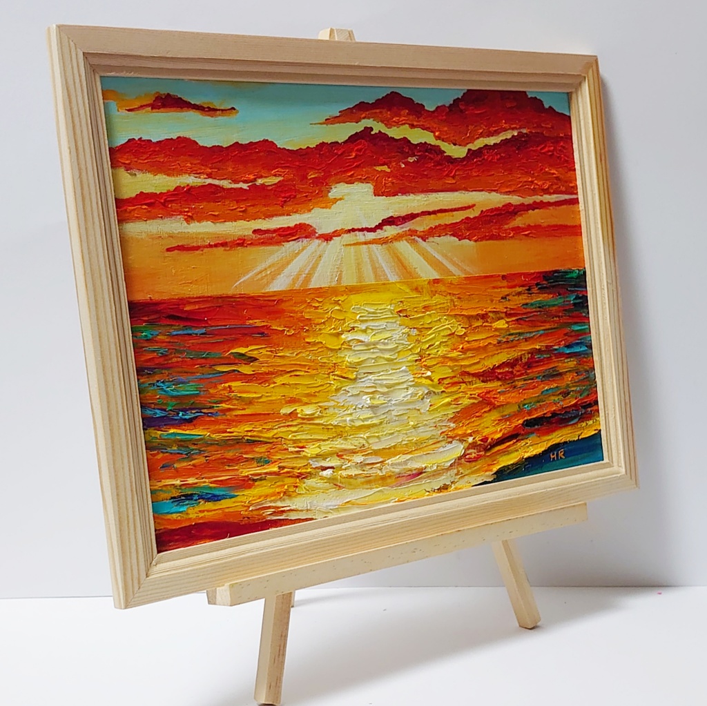 油絵 絵画 夕日の海【A4】