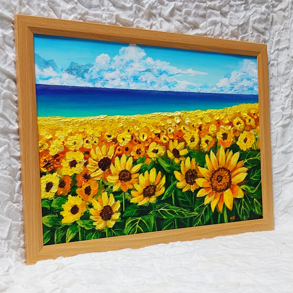 油絵 絵画 海のひまわり畑【B4】