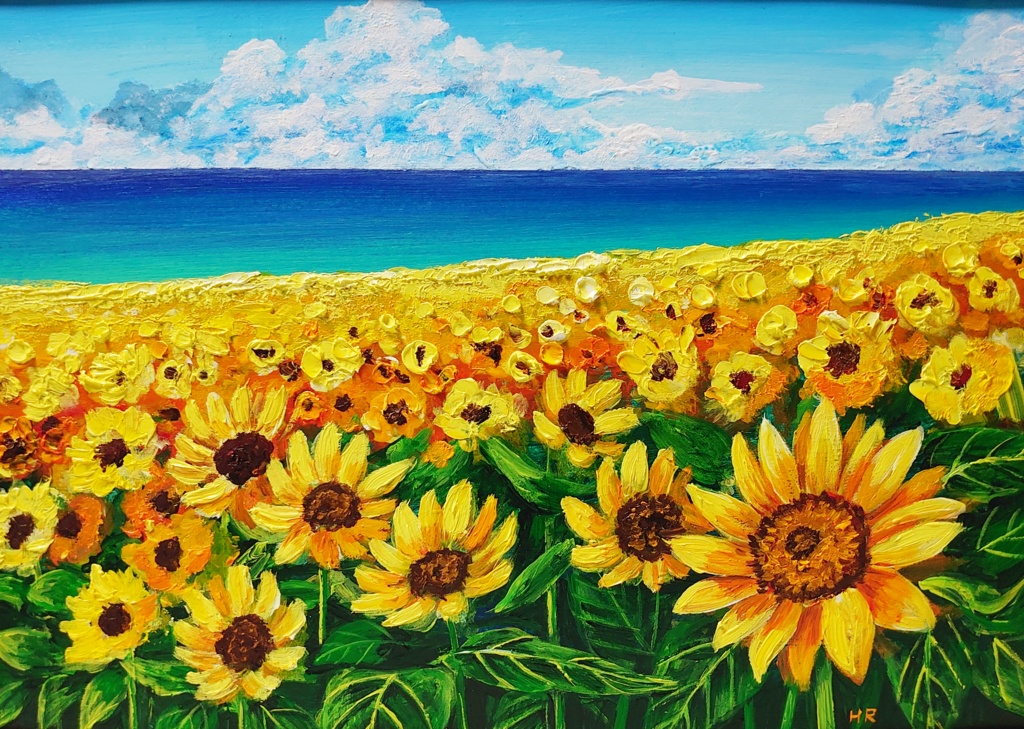 油絵 絵画 海のひまわり畑【B4】