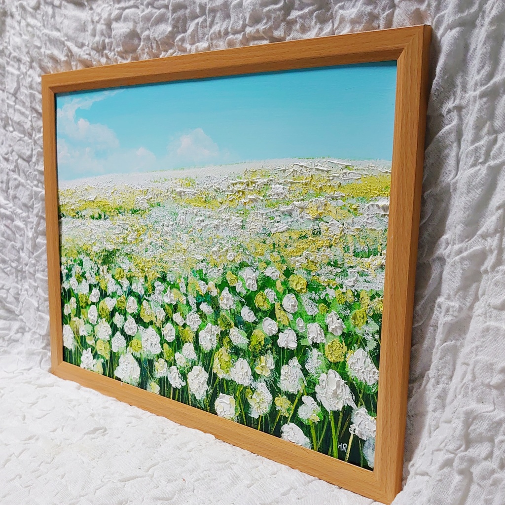 油絵 絵画 シロツメクサの花畑【A3】