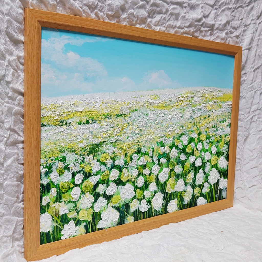 油絵 絵画 シロツメクサの花畑【A3】