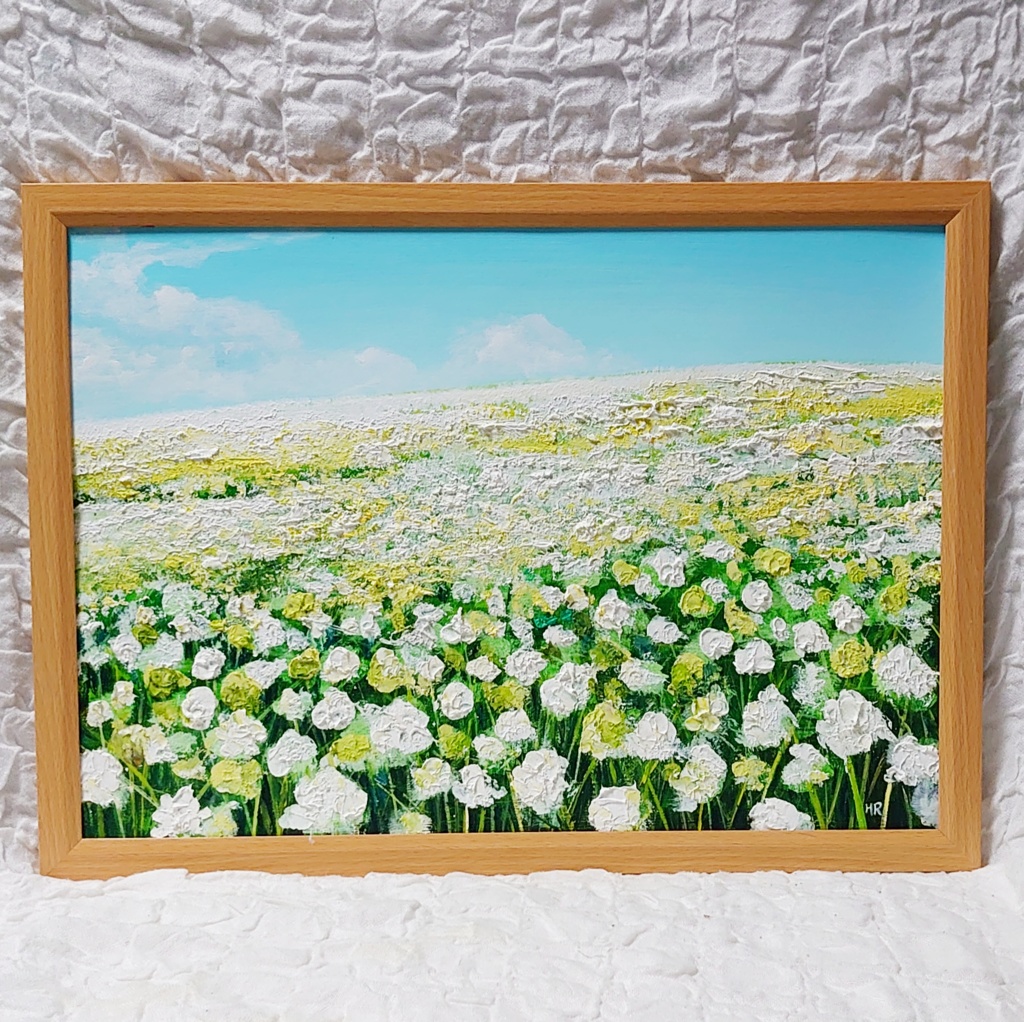 油絵 絵画 シロツメクサの花畑【A3】