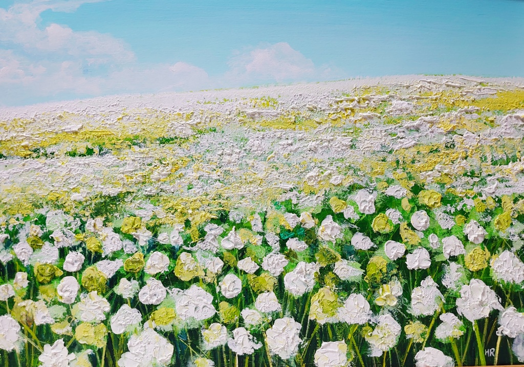 油絵 絵画 シロツメクサの花畑【A3】