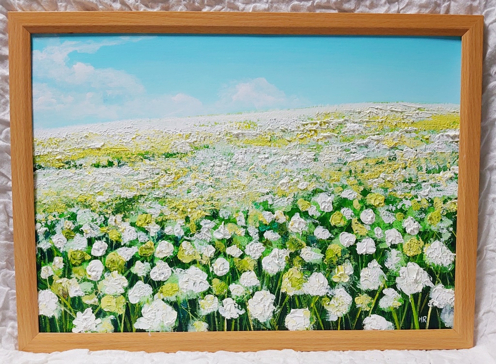油絵 絵画 シロツメクサの花畑【A3】