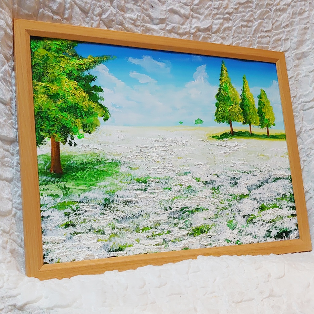 油絵 絵画 咲いた白の広場【A3】