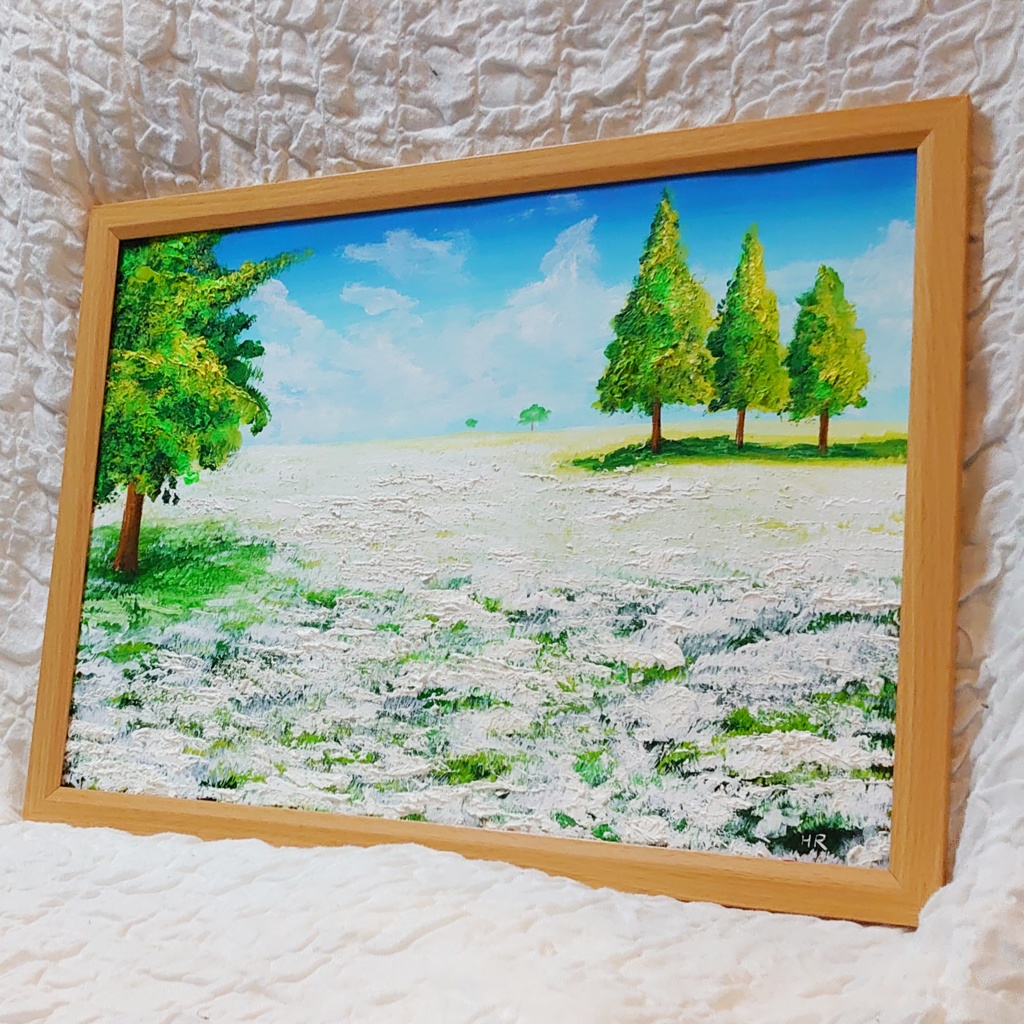 油絵 絵画 咲いた白の広場【A3】