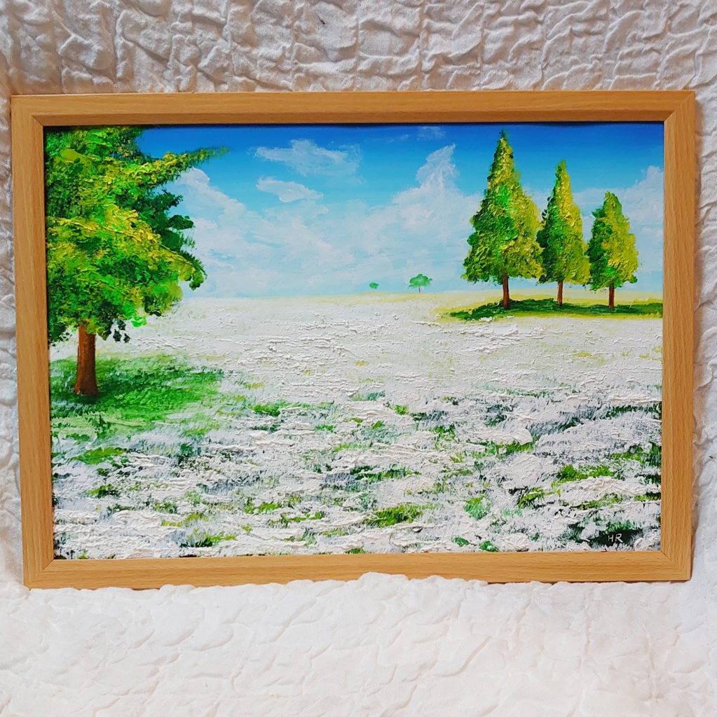 油絵 絵画 咲いた白の広場【A3】