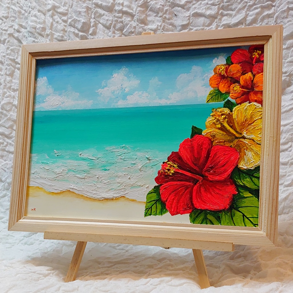 油絵 絵画 【ハイビスカスと海】