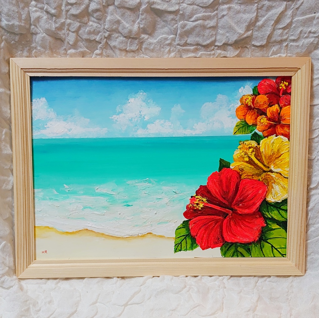 油絵 絵画 【ハイビスカスと海】