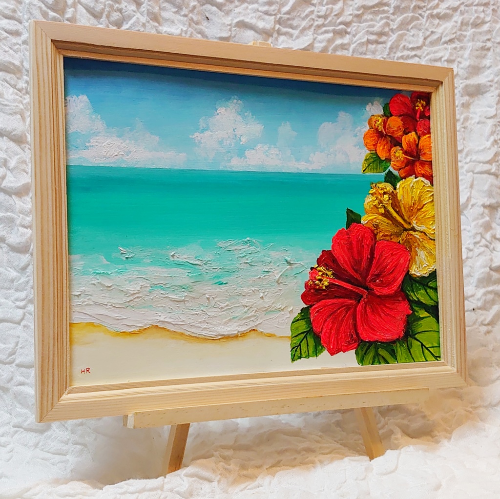 油絵 絵画 【ハイビスカスと海】