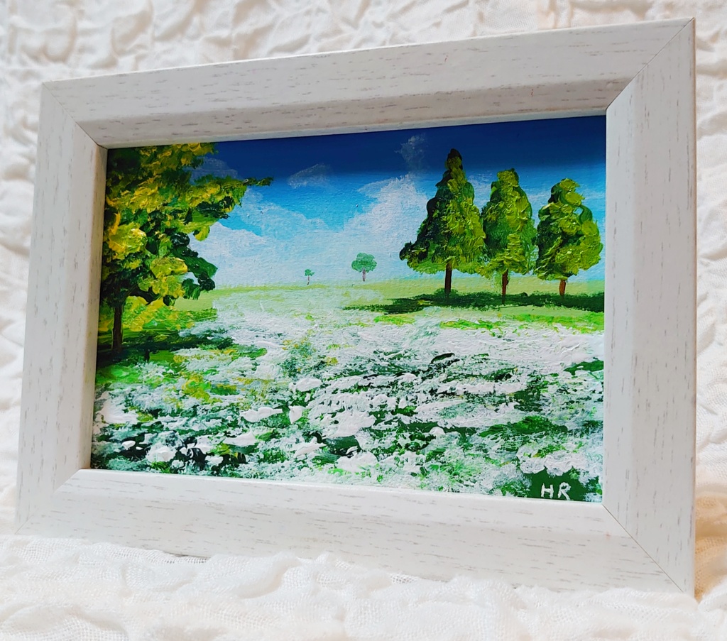 油絵 ミニ絵画【咲いた白の広場】