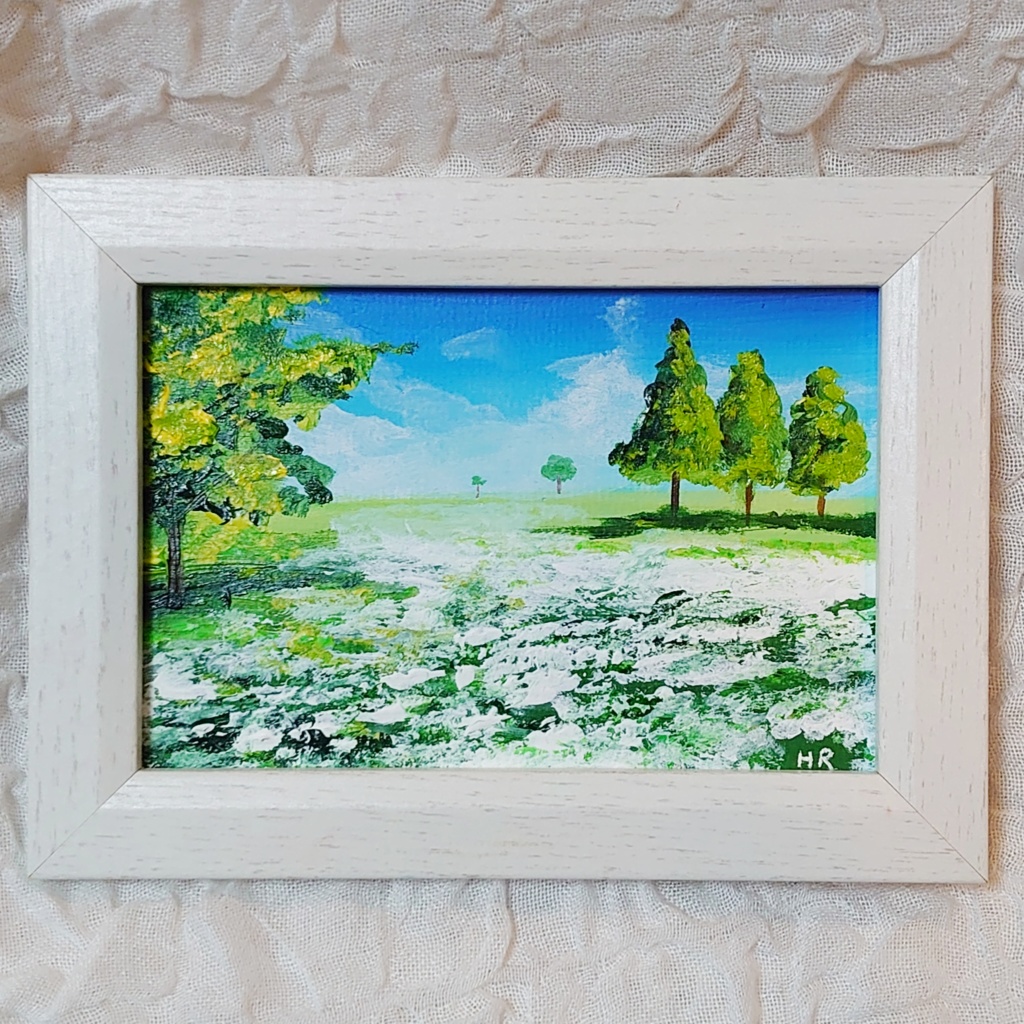 油絵 ミニ絵画【咲いた白の広場】