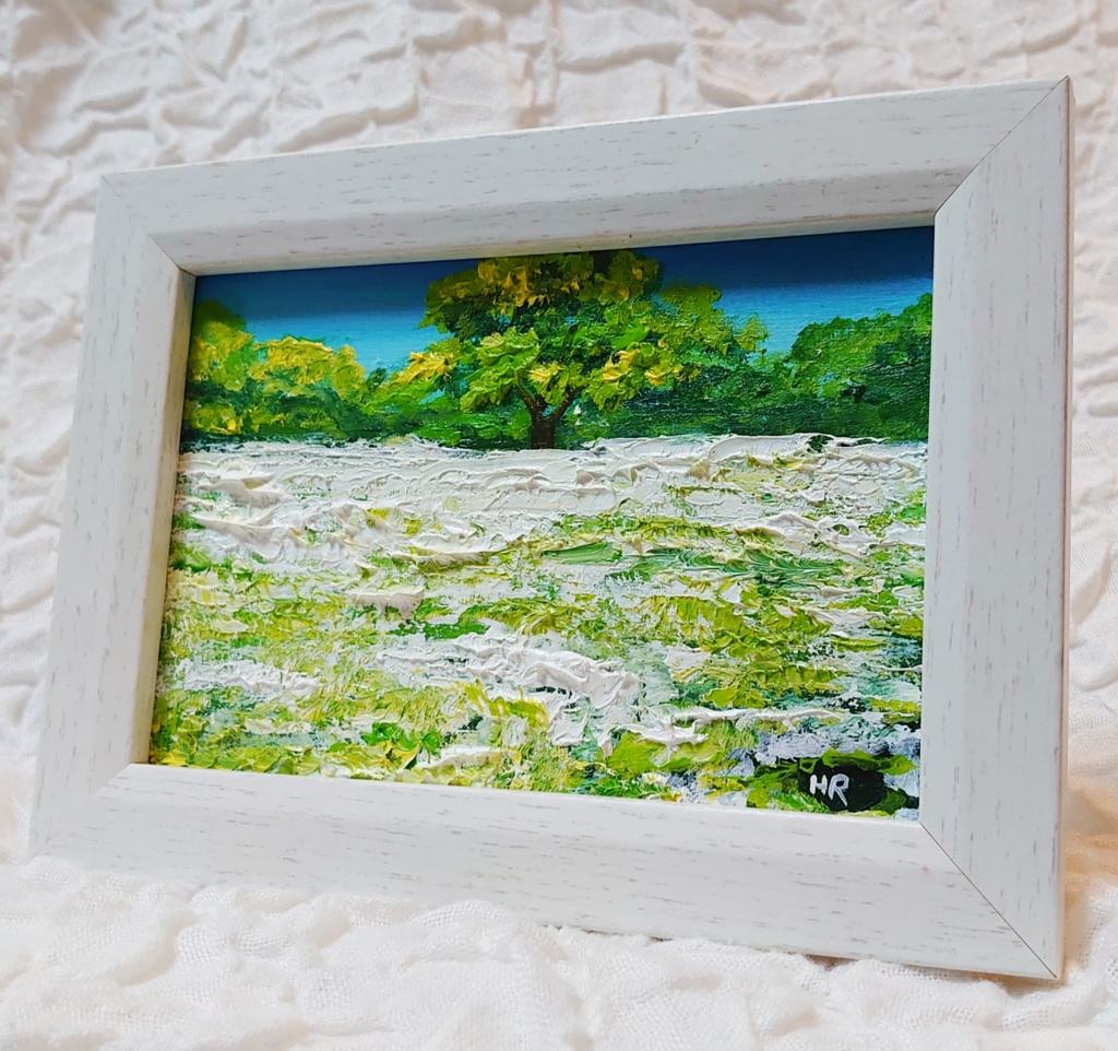 油絵 ミニ絵画【白い花咲く木】