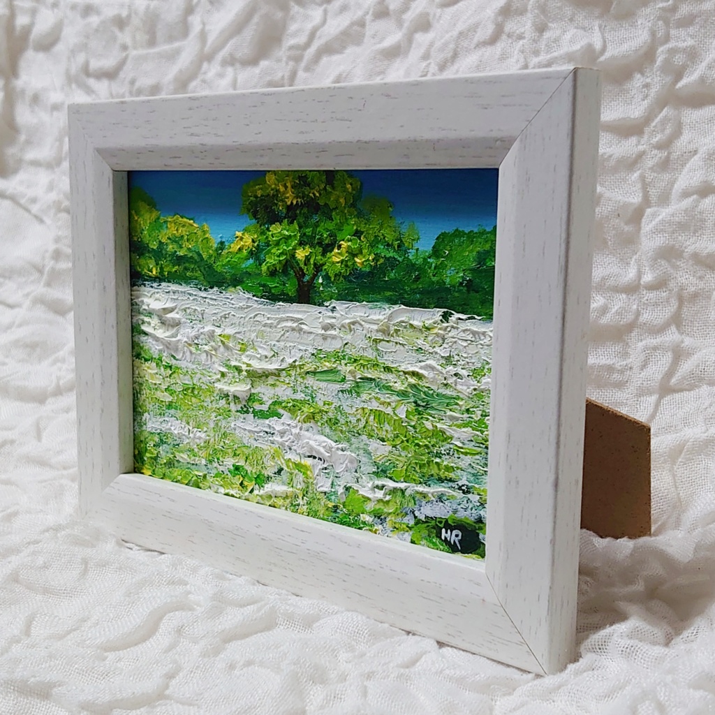 油絵 ミニ絵画【白い花咲く木】