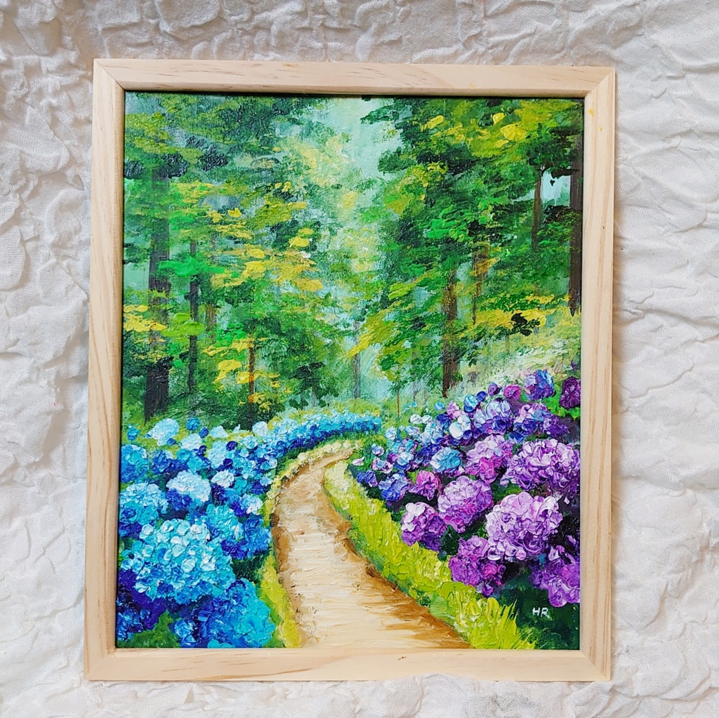 油絵 絵画 紫陽花畑の道