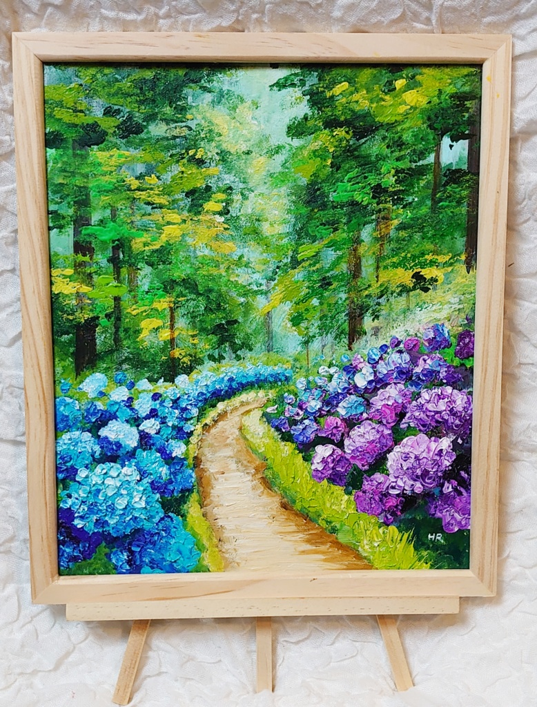 油絵 絵画 紫陽花畑の道