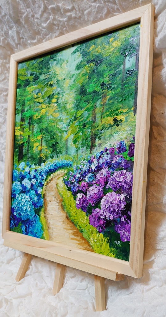 油絵 絵画 紫陽花畑の道